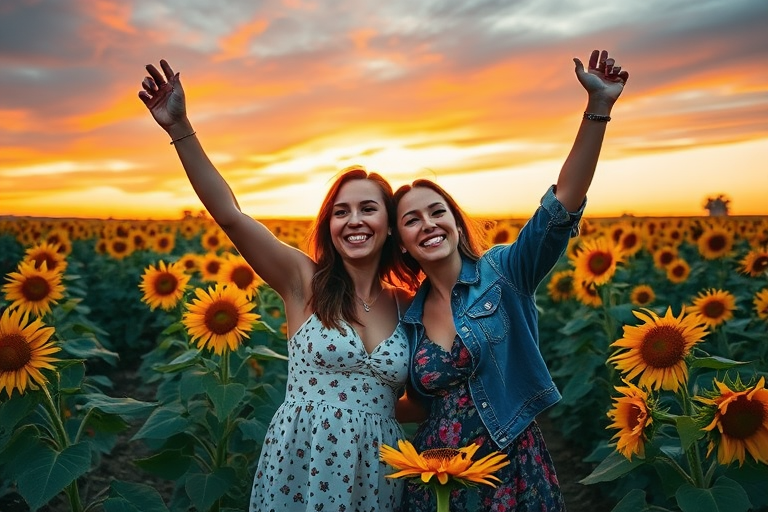 capture two women celebrating in a sunflower field at sunset, vibrant colors in the sky, golden hour lighting, wide angle view, DSLR camera, f/2.8 aperture, ISO 100, 24mm lens, enhance clarity and saturation