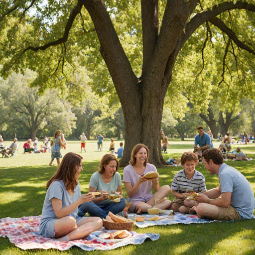 Family gathering at a picnic in the park, blankets spread out on the grass, children playing frisbee nearby, and adults enjoying sandwiches and laughter under the shade of a large oak tree.