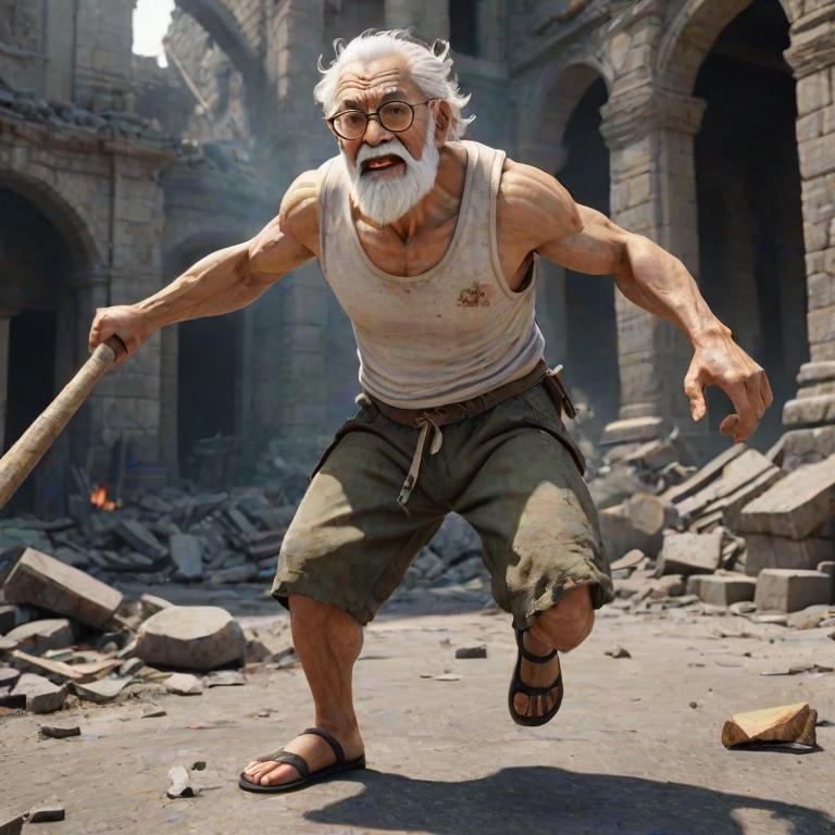 Cartoon 3D High-Resolution,dynamic battle scene using Unreal Engine 5 and Octane Render. The scene features back of an elderly, thai man with a beard,messy hair and round golden-rimmed glasses. He is wearing a tattered tank top with soot marks, shorts, and sandals. sweating. he wields a baseball bat. He jump to fight with a white fire-breathing Europe dragon amidst a partially destroyed stone castle. Include intense flames, smoke, and debris to enhance the dramatic effect.