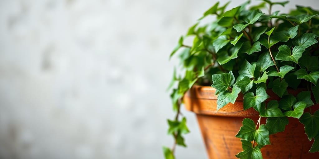 still life photograph of a lush green ivy plant in a rustic terracotta pot, soft natural lighting, shallow depth of field, macro lens, aperture f/2.8, shutter speed 1/60 sec, ISO 200, focus on the leaves, textured background to enhance contrast