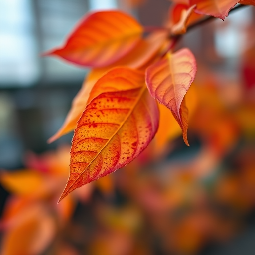 Capture a close-up shot of vibrant autumn leaves with a shallow depth of field, aperture f/2.8, ISO 100, 100mm macro lens, natural light, soft bokeh background.