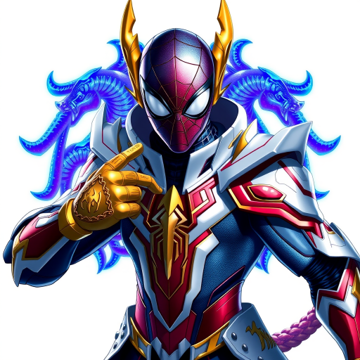 A high-budget, anime-style wallpaper featuring Spiderman in an epic White, blue red Kirin armor. Golden dragon gloves, the gloves is in the shape of dragon heads, Golden dragon head gloves, White glossy eyes, The armor is designed with metallic details that reflect light, showcasing intricate Kirin motifs. Spiderman's armor is a striking gradient of blue, red and white, with Colorful galaxy inner sections, making it look both powerful and sleek. The background is flat white, with Kirin-shaped blue-violet glowing rune relic to give the impression power, striking pose, the Kirin's armor is dominantly in white, with some details in blue and red, Cinematic anime action scene, cinematic action pose, medium shot action portrait, dramatic effect of shadow and light.