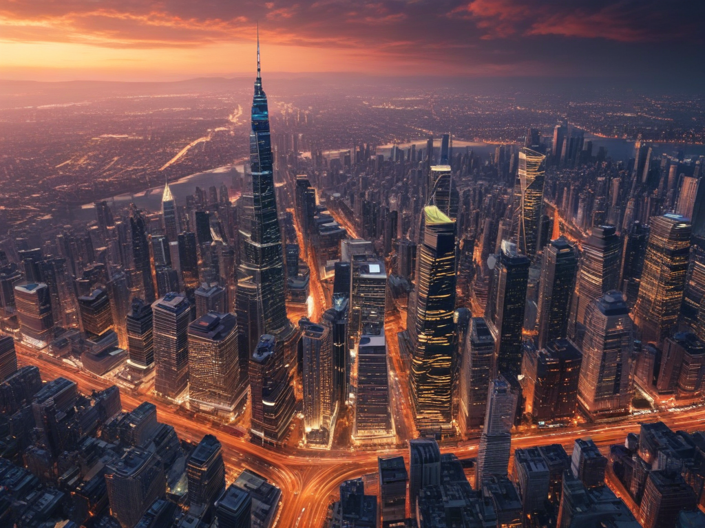 Stunning Aerial View of a Vibrant Cityscape at Sunset Glow