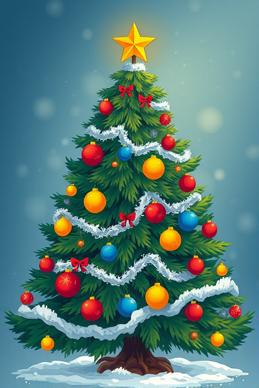 Create a vibrant illustration of a decorated Christmas tree with rich green foliage, colorful ornaments in red, yellow, and blue, white snow-like garland, and a bright yellow star on top, shot with a DSLR camera at f/8 aperture, ISO 100, 50mm lens, with a slight bokeh effect and a soft focus background to enhance image quality.