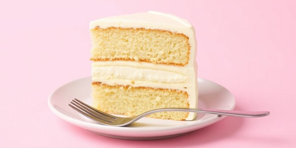 A slice of layered cake with cream filling and frosting on a plate with a fork beside it against a soft pink background.