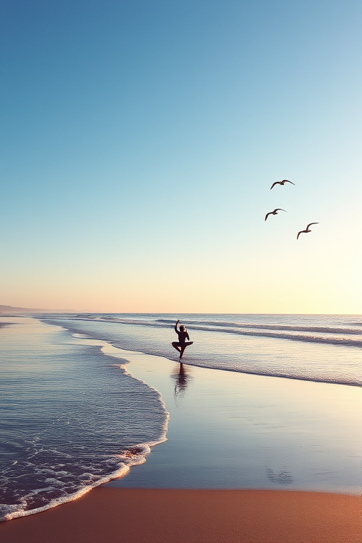 Tranquil beach scene at dawn, with gentle waves lapping at the shore, a lone figure practicing yoga on the sand, and seagulls soaring in the clear sky.