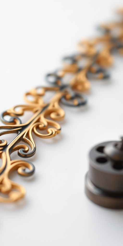 Regenerate an image of ornamental line dividers in three variations: one in black, one in gold, and one in a dark metallic finish, captured using a macro lens with a shallow depth of field, f/2.8 aperture, ISO 100, 50mm focal length, and soft natural lighting.