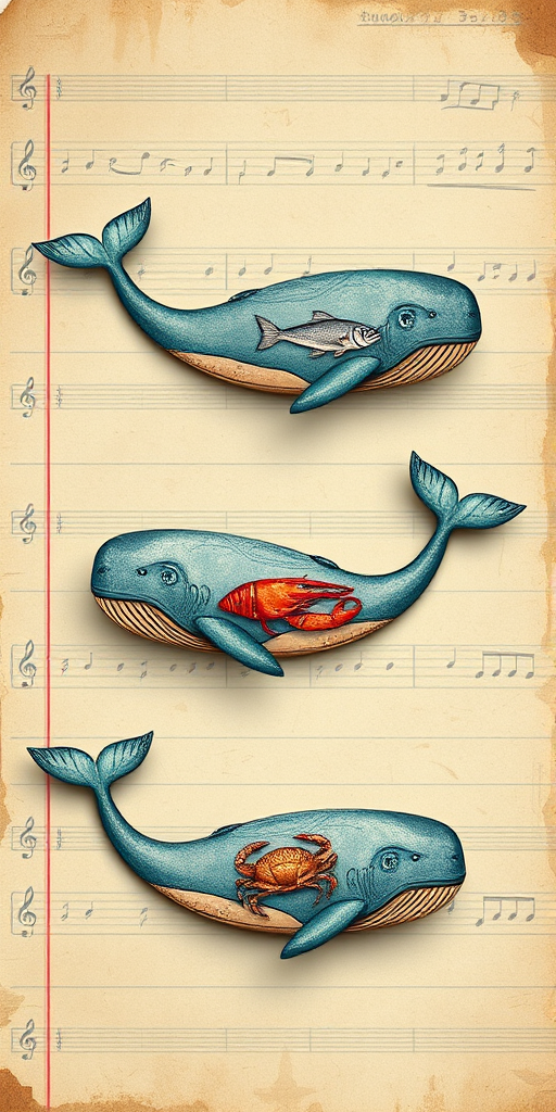 Create an artistic image featuring three vintage-style whales, each adorned with illustrations of a fish, a shrimp, and a crab, all set against a textured creamy background reminiscent of old ledger paper with handwritten notes and musical staff lines, captured using a DSLR camera with a 50mm lens, aperture f/2.8, ISO 100, in natural soft lighting for enhanced detail and color vibrancy.