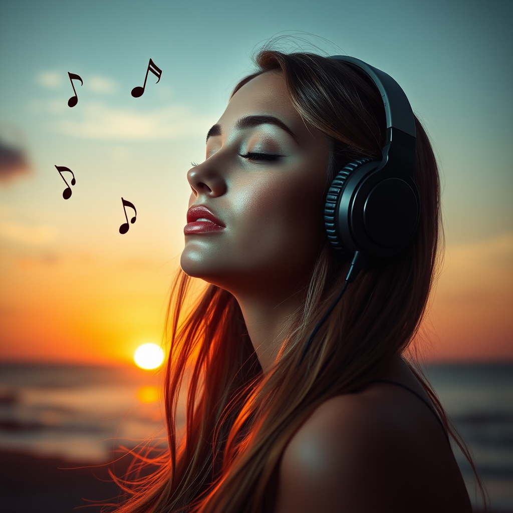 Create a serene digital artwork of a woman with long hair wearing headphones, eyes closed, immersed in music, with musical notes floating in the air against a sunset over a calm ocean, using a DSLR camera with a 50mm lens, aperture f/2.8, ISO 100, and soft-focus effect to enhance detail and depth.