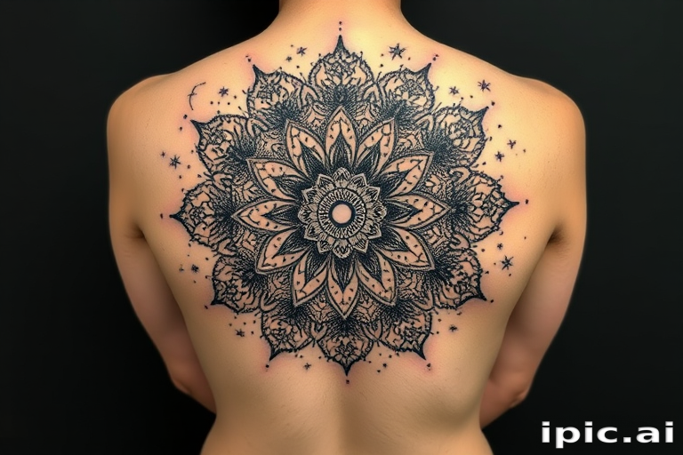 Dotwork mandala tattoo titled "Cosmic Bloom" featuring an intricate floral mandala design expanding from the center of the back, gradually transitioning from dense black dotwork to sparse constellations and star patterns, creating a mesmerizing fade effect that mimics the vastness of space
