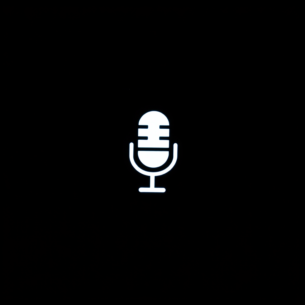 Create a high-resolution image of a stylized microphone icon on a black background with dramatic lighting, captured with a DSLR camera, 50mm lens, aperture f/1.8, ISO 100, in a macro view to enhance detail.