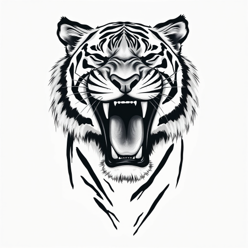 Abstract black and white acrylic portrait of an over exaggerated laughing (tiger). Minimalism style. White background.