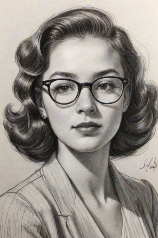 Radiant Peyton Elizabeth Lee, pencil sketch, portrait of Resplendent woman 1939s in glasses, hair style beatnik, outline, clear lines, fine lines, 8k