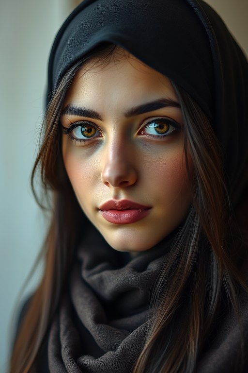 Create a portrait of a young Mizrahi woman with long, dark hair and captivating hazel eyes. She is wearing a black headscarf and a matching scarf draped gracefully around her neck. The background is softly blurred, focusing attention on her serene and natural expression. The overall color palette is muted and warm, enhancing the intimate and authentic feel of the portrait.