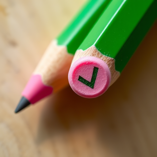 Create a high-resolution image of a green pencil with a pink eraser and a check mark next to it, using a macro lens at f/2.8 for a shallow depth of field, ISO 100, 1/200s shutter speed, top-down view, and with soft natural lighting.