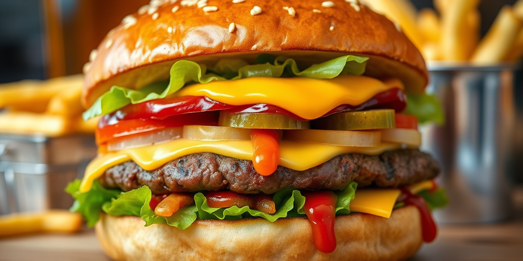 High-resolution, close-up image of a gourmet double cheeseburger. The burger features a glossy, sesame-seed-topped brioche bun. Inside, there are two thick, juicy beef patties, each topped with melted cheddar cheese. The burger is garnished with fresh lettuce, tomato slices, diced onions, and pickles. A generous amount of ketchup and a creamy, orange-colored sauce is dripping down the sides, adding to the mouth-watering appeal. In the background, there are blurred elements including a side of golden French fries and a hint of a beverage, enhancing the overall presentation of a delicious meal.