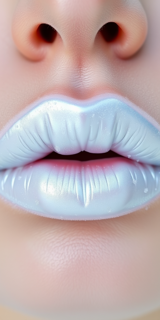 Frosted white lips with a pearlescent sheen, called "Arctic Whisper," featuring a cool undertone and a unique, snow-inspired aesthetic