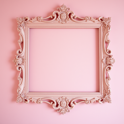A vintage ornate pink frame against a soft pink background, captured with a Canon EOS R5, 50mm lens, aperture f/1.8, ISO 100, shallow depth of field, soft natural light, center composition.