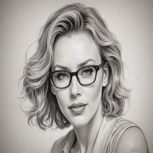 Attractive Kylie Minogue, pencil sketch, portrait of Exquisite woman 1934s in glasses, hair style beatnik, outline, clear lines, fine lines, 8k