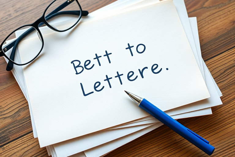 Regenerate an image of a motivational letter with a blue pen and glasses on a stack of neatly arranged papers, using a DSLR camera with a 50mm lens, aperture set to f/2.8, ISO 100, natural lighting, a shallow depth of field, and a top-down view to enhance clarity and focus on the text.