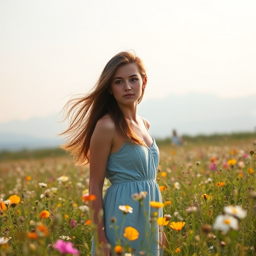 Softly focused image of a young woman standing in a field of wildflowers, long hair blowing in the wind, distant mountains barely visible through a hazy summer sky.