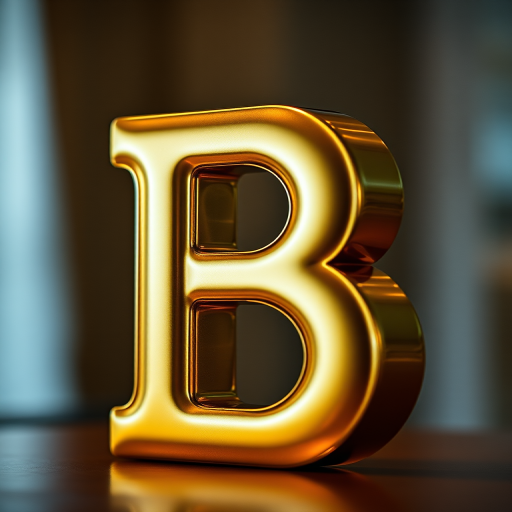 Create a high-resolution image of a three-dimensional gold letter "B" with a glossy finish, illuminated with soft lighting, shot from a slight angle using a DSLR camera with a 50mm lens at f/1.8, ISO 100, and a shallow depth of field to emphasize the texture.