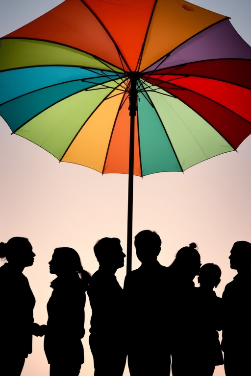 Create an image of a diverse group of silhouetted individuals standing beneath a large, colorful umbrella, soft gradient background, focus on silhouette details, using a DSLR camera, aperture f/4, shutter speed 1/125s, ISO 200, wide-angle lens, top-down view.