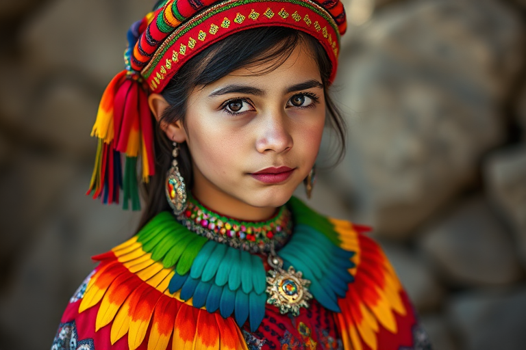 A beautiful Kurdish girl, wearing colorful bird clothing with vibrant colors