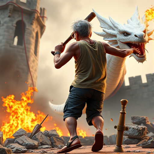 Cartoon 3D High-Resolution,dynamic battle scene using Unreal Engine 5 and Octane Render. The scene features back of an elderly, thai man with a beard,messy hair and round golden-rimmed glasses. He is wearing a tattered tank top with soot marks, shorts, and sandals. sweating. he wields a baseball bat. He jump to fight with a white fire-breathing Europe dragon amidst a partially destroyed stone castle. Include intense flames, smoke, and debris to enhance the dramatic effect.