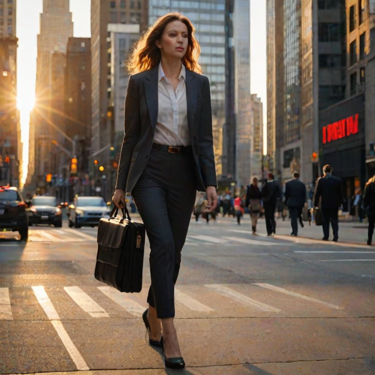 Bustling city street at sunset, the light reflecting off tall buildings, a woman in a business suit walks briskly down the sidewalk, her briefcase in hand as the city comes alive around her.