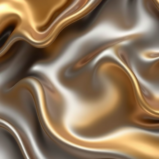 Create a high-resolution abstract image of wavy metallic textures in shades of gray and gold, using a 50mm lens, f/1.8 aperture, ISO 100, and studio lighting to enhance contrast and detail, shot from a straight-on perspective.