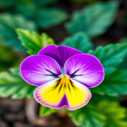Create a vibrant illustration of a purple pansy flower with green leaves, using a macro camera setting with a shallow depth of field, top-down view, digital art style, DSLR camera type for high-resolution output.