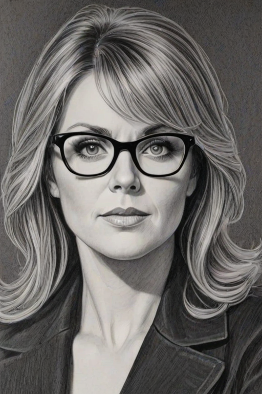 Bewitching Amanda Tapping, pencil sketch, portrait of Dazzling woman 1968s in glasses, hair style beatnik, outline, clear lines, fine lines, 8k