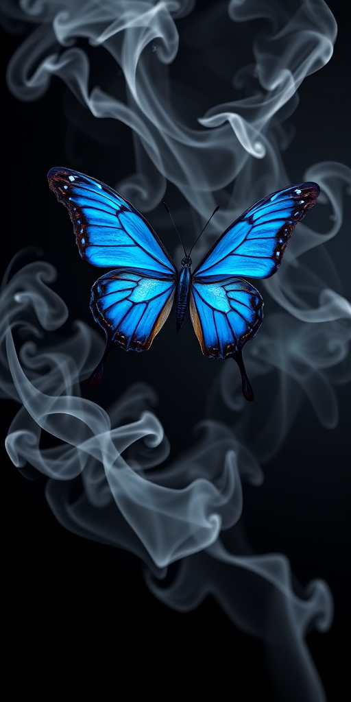 Create a vibrant blue butterfly emerging from swirling smoke against a dark background. The butterfly should have intricate details and a luminous quality, with the smoke flowing elegantly around it to enhance the ethereal effect.