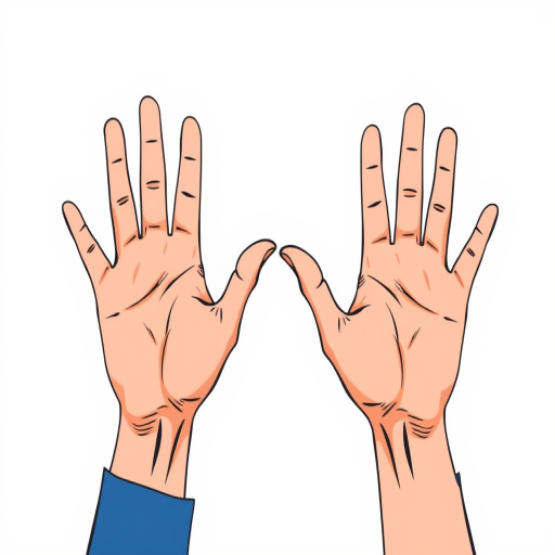 Create a high-resolution vector illustration of two hands raised in a gesture of openness, using a Canon EOS 5D Mark IV, aperture f/4, ISO 100, 50mm lens, top-down view, in a minimalist style with crisp lines and solid colors.