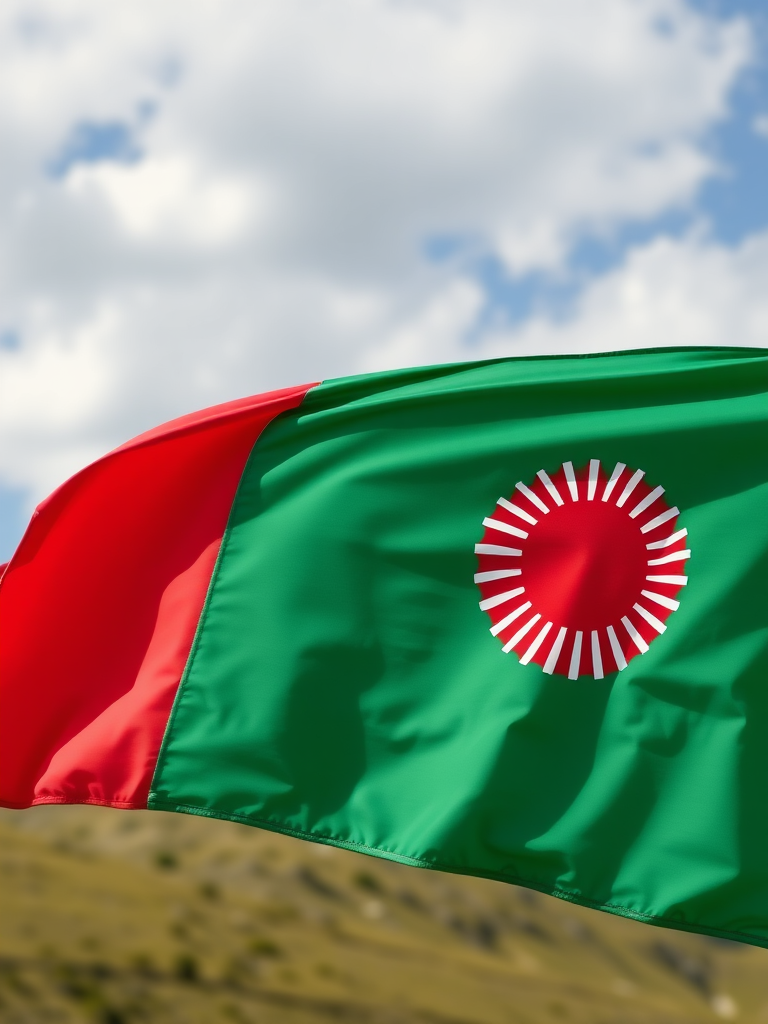 Create a high-resolution image of the Tajikistan flag, using a DSLR camera with a 50mm lens, aperture set to f/8, ISO 100, shot from a straight-on perspective, with natural lighting and vibrant color saturation for enhanced image quality.
