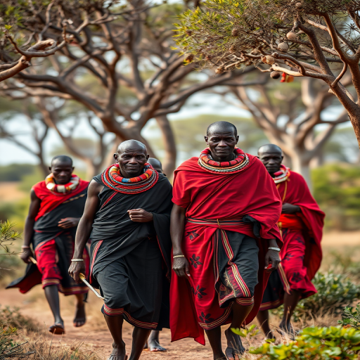 Capture a vibrant scene of a group of Maasai warriors adorned in traditional attire, walking confidently among acacia trees, using a Canon EOS R5 with an EF 70-200mm f/2.8L IS III USM lens, aperture set to f/4, shutter speed at 1/500 sec, ISO 400, shot in portrait orientation with a shallow depth of field to enhance the details in their clothing and expressions while softly blurring the background.