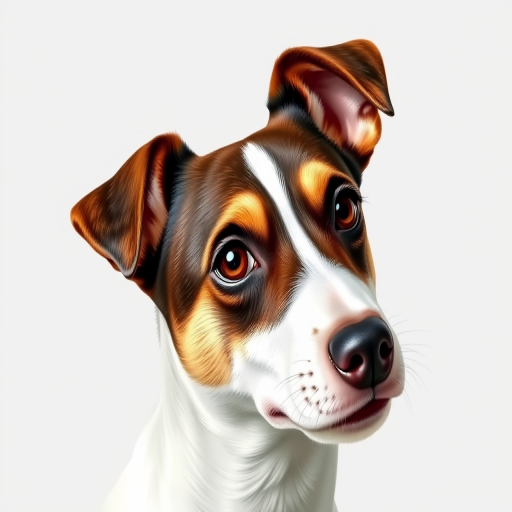 Create a realistic illustration of a Jack Russell Terrier with detailed fur texture and expressive eyes, using a 50mm lens at f/2.8, ISO 100, with natural lighting, shot in portrait orientation on a digital DSLR camera for enhanced sharpness and clarity.