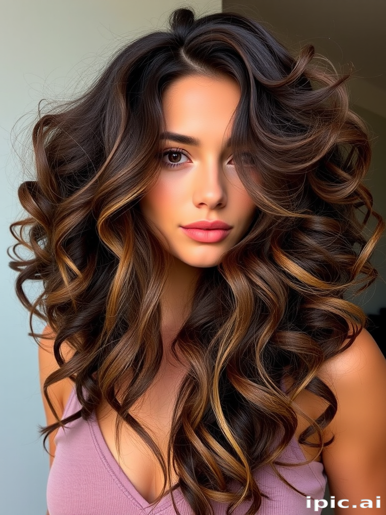 Stunning model with a luxurious chocolate brown mane styled in voluminous, bouncy curls, featuring subtle caramel ombré and long, wispy layers