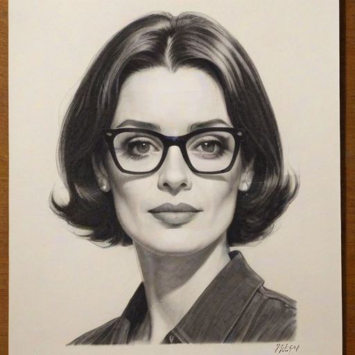 Radiant Paget Brewster, pencil sketch, portrait of Radiant woman 1963s in glasses, hair style beatnik, outline, clear lines, fine lines, 8k