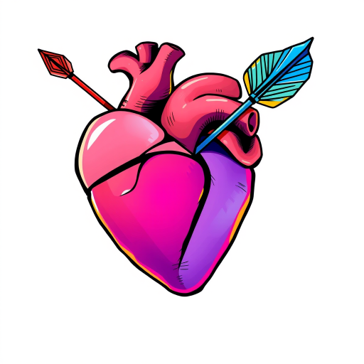 Create a vibrant illustration of a heart pierced by an arrow, capturing detailed outlines and smooth curves, shot with a DSLR camera at f/2.8 aperture, 50mm lens, and 1/100s shutter speed, in natural light for enhanced color saturation and sharpness.