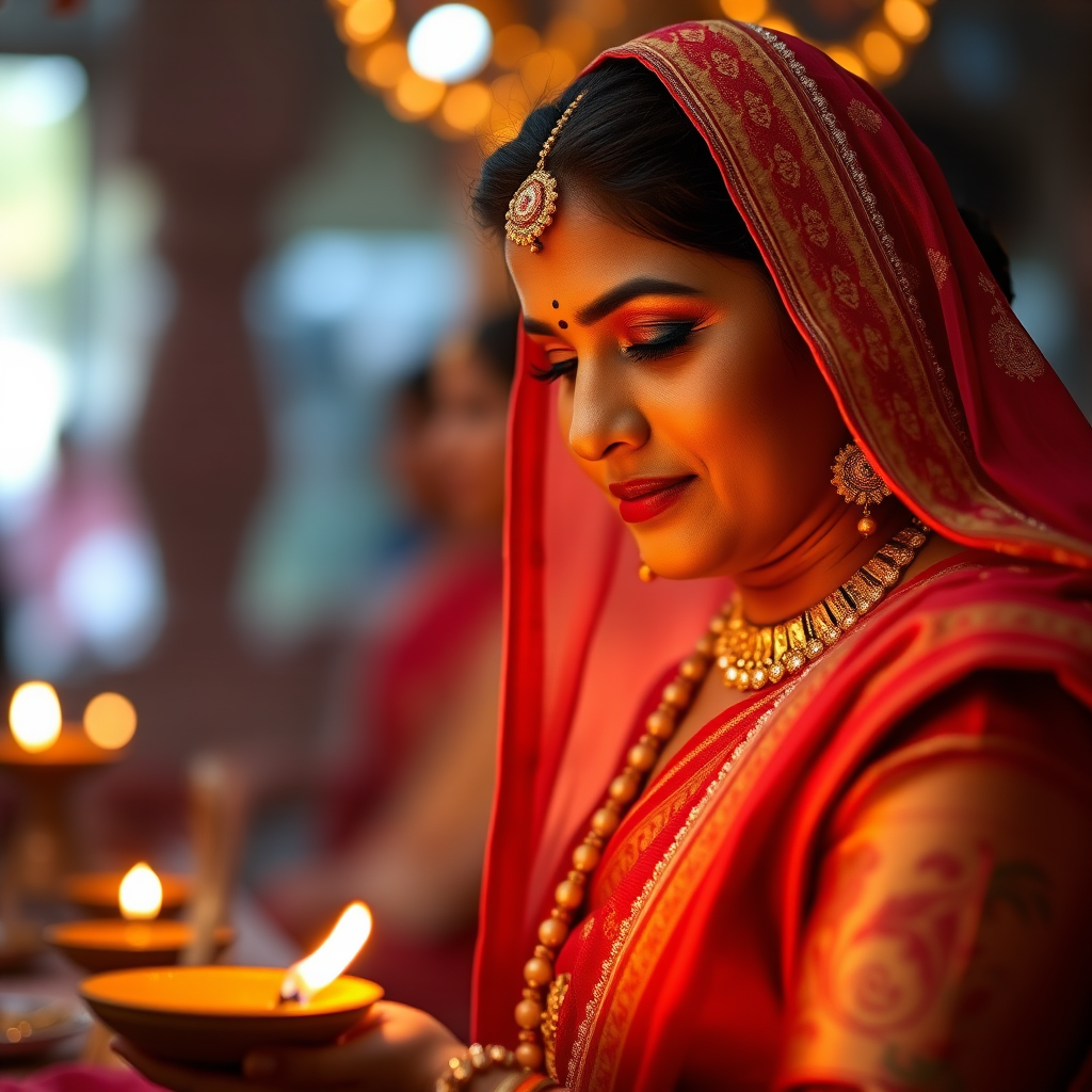 portrait of a woman wearing traditional attire, lighting a diya in a festive setting, warm golden lighting, shallow depth of field, Nikon D850 camera, 50mm lens, f/1.8 aperture, ISO 200, soft bokeh effect in the background