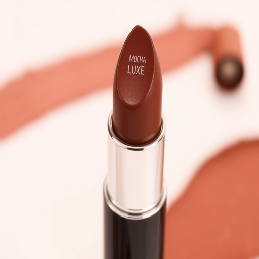 Velvety chocolate brown lipstick with a satin finish, called "Mocha Luxe," featuring a rich, creamy formula and subtle coffee aroma, complementing warm-toned makeup palettes