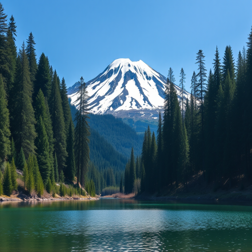 Capture a high-resolution image of a snow-capped mountain surrounded by tall evergreen trees and a serene lake in the foreground using a DSLR camera, 24mm lens, f/8 aperture, ISO 100, 1/250 sec shutter speed, shot from a slightly elevated angle in natural daylight.
