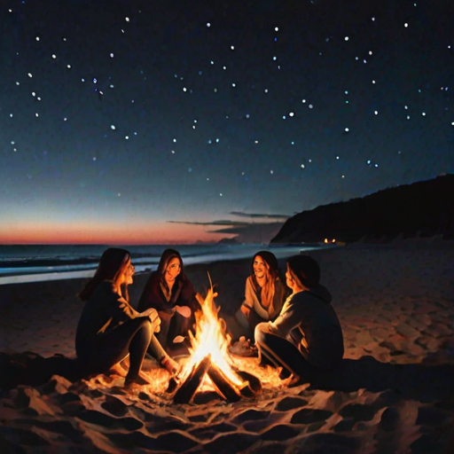 Warmly lit image of a group of friends gathered around a bonfire on a beach, soft glow from the flames casting warm shadows on their faces, distant stars twinkling in the night sky, and the sound of laughter and waves filling the air.