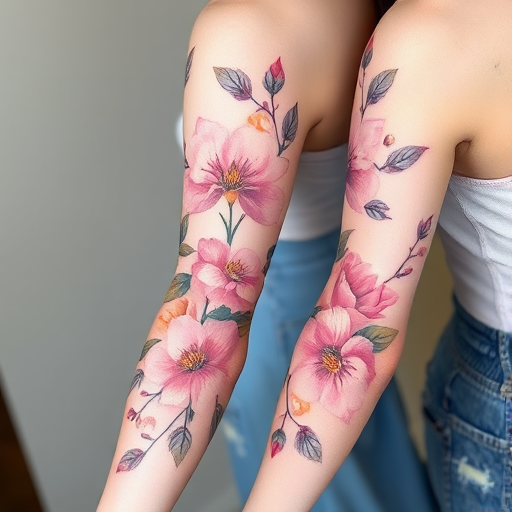 Elegant floral sleeve tattoo with delicate cherry blossoms and peonies in soft pastel hues of pink lavender and peach accented by flowing brushstrokes and subtle shading techniques