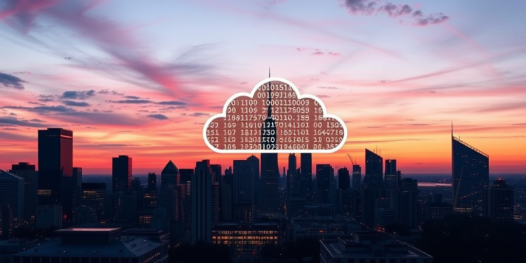 Create a digital illustration of a city skyline with a cloud symbol releasing binary code in the background, use a wide-angle lens, aperture f/8, ISO 100, shot during twilight for enhanced colors and contrast, in a vector art style.