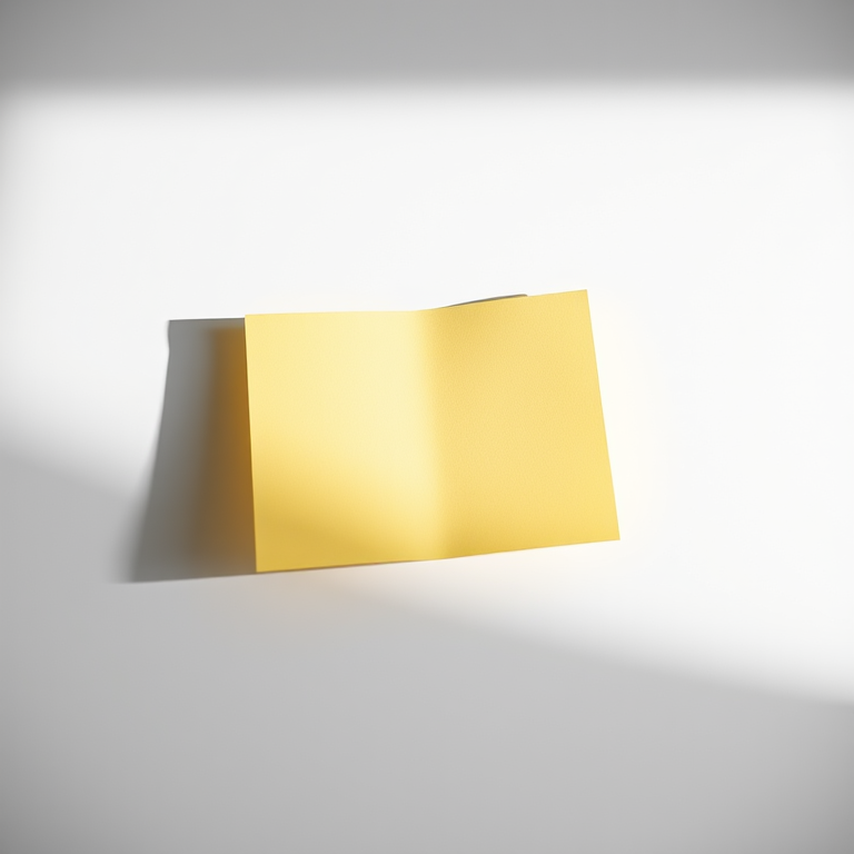 Create a minimalistic image of a blank yellow note on a flat surface with soft shadows, taken with a DSLR camera, f-stop at 2.8 for shallow depth of field, ISO 100 for clarity, and a focal length of 50mm to enhance detail and brightness.