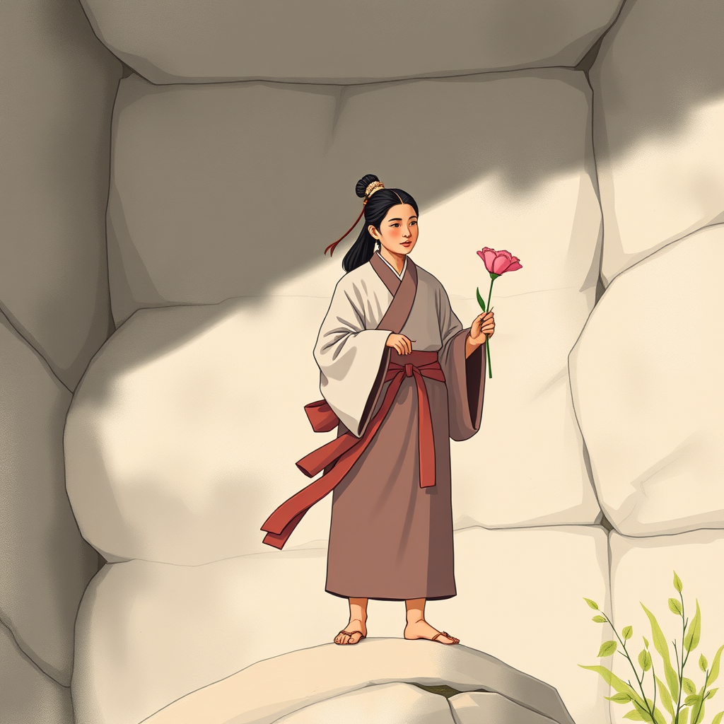Create an illustration of a historical figure holding a flower while standing on a rock, dressed in traditional attire, using a Canon EOS R5, 50mm lens, f/1.8 aperture, 1/200s shutter speed, natural light, focus on details and textures.