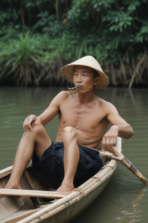 Vietnamese man smoking in a canoe.